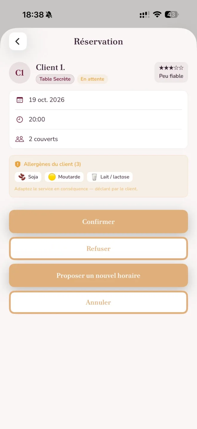 Détail d'une réservation avec allergènes et actions